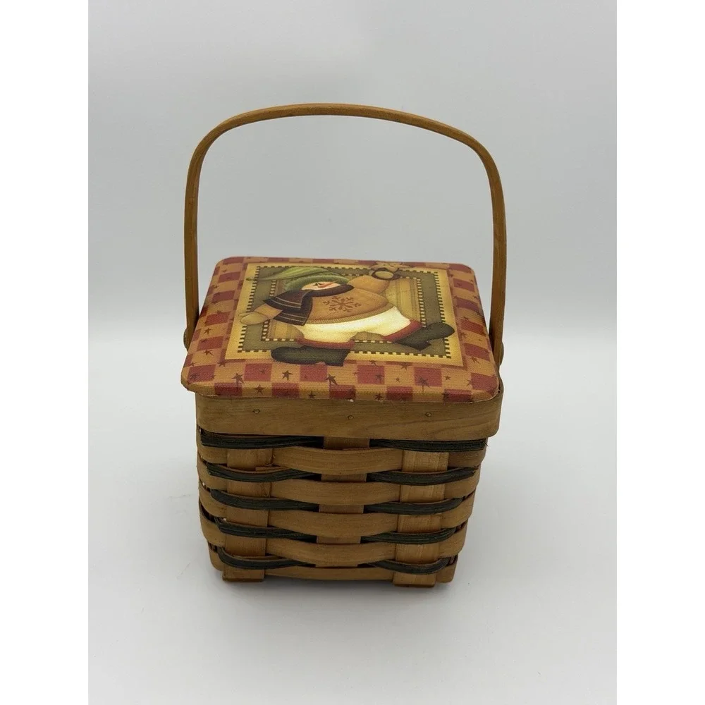 Vintage Winter Magic Holiday Snowman Wooden Square Lidded Handled Basket Brown